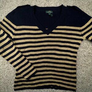 Lauren Ralph Lauren Women’s Sweater Large Navy Blue Gold Striped Shiny Pullover